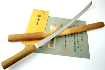 1500s Late Muromachi Period Wakizashi Sword with NBTHK Tokubetsu ~ Blade attributed to Mino Kanekuni