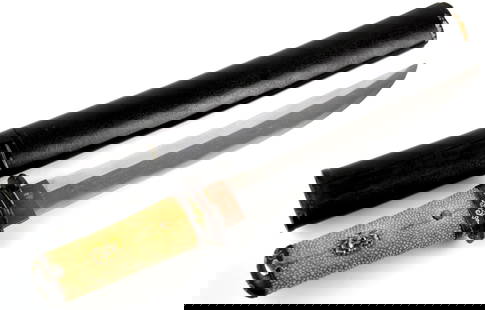 Attractive Late Tokugawa Period Japanese Samurai AIKUCHI, Fine Shinto Blade Signed KANEFUSA in: Attractive Late Tokugawa Period Japanese Samurai AIKUCHI, Fine Shinto Blade Signed KANEFUSA in Signed EBI Koshirae Mounts with Lacquered Dragon. A Highly Attractive Dagger Overall. Total length (insid