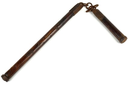 Unusual Antique Japanese Samurai Flail War Club Mace Weapon, of Hard Wood with Strong Iron Mounts.