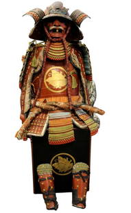 Fantastic Late Edo era Japanese Samurai YOROI Complete Armor Suit in Red Lacquer, Original Storage: Fantastic Late Edo era Japanese Samurai YOROI Complete Armor Suit in Red Lacquer, Original Storage Box with Gold TAIRA Clan Butterfly CHO-Mon Family Crest, Matching to one on the Chest & KOBUTO Helmet