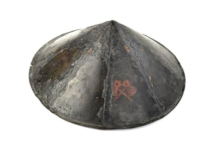 Antique Japanese Samurai Copper JINGASA Hat Helmet with Black Lacquer & Rare Red MON of Two Crossed