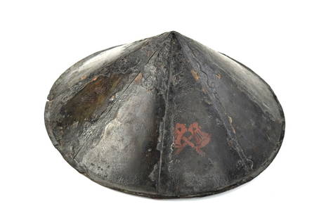 Antique Japanese Samurai Copper JINGASA Hat Helmet with Black Lacquer & Rare Red MON of Two Crossed: Antique Japanese Samurai Copper JINGASA Hat Helmet with Black Lacquer & Rare Red MON of Two Crossed Axes. Circa 18th-19th C. Size: Diameter: 13 5/8", Height: 9". Detailed condition reports are not inc