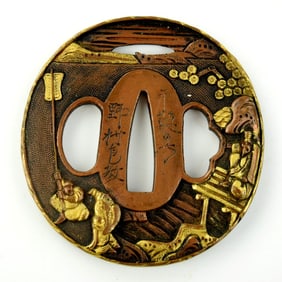 Edo period kinko soft metal tsuba with gold overlay and Nomura Kanenori signature.
