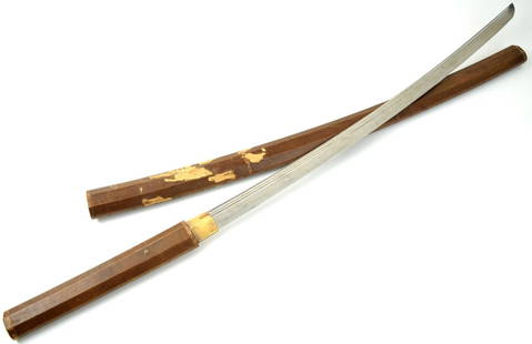 Very Old Japanese Koto Period Tachi Sword, with 27 inch blade: Koto tachi, with a 27 inch blade is likely an early to mid Koto tachi, ca. 1300s. The blade shows a type of koshi-zori curvature as well as finely carved large and smaller bo-hi grooves. Blade shows a
