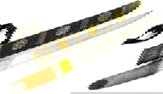 19th C. Japanese or Korean TANTO Dagger: 19th C. Japanese or Korean TANTO Dagger in metal and brass mounted scabbard. Handle cover is missing Total length (inside scabbard if present): 13 1/4", Blade length: 8 3/4". Detailed condition report