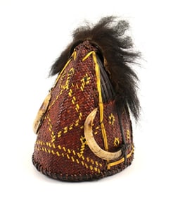 Rare 19th C. Indonesian Headhunters Dayak or Naga Tribe Warrior Hat Helmet with Boar Tusk