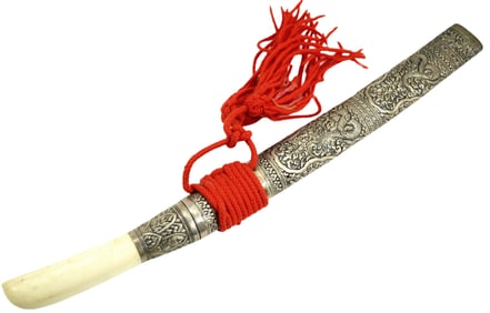 EXCEPTIONALLY FINE ANTIQUE BURMESE DHA SHORT SWORD WITH GRIP & SILVER MOUNTS