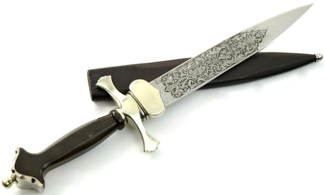 19th C. Large Spanish Toledo etched dagger w/crossguard