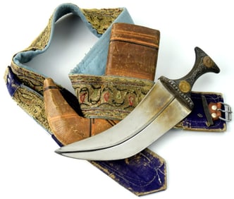19th Century Arabic jambiya w/elaborate carpeted belt intact