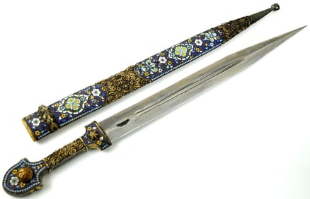 Highly Decorated Silver Enameled Russian Caucaisan Kindjal Dagger