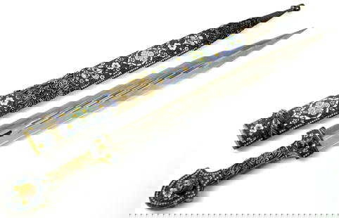 Highly Decorated Silver Enameled Russian Caucaisan Kindjal Dagger: Highly Decorated Russian Caucaisan Kindjal Dagger. Probably first half of 20th century. Straight narrowing down blade with the maker mark. Niello Silver and Enamel scabbard with matching Handle and po