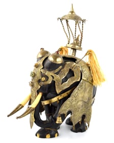 Antique Indian Ebony Silver Overlay Jeweled Elephant