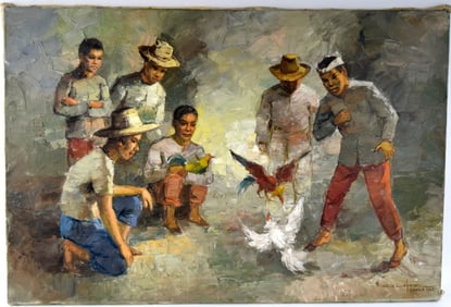 Filipino Crispin Lopez (1903-1985) Cock Fights Oil On Canvas Painting