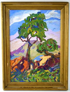 American Birger Sandzen ( 1871-1954) Oil On Canvas Painting: Very fine 1938 abstract richly colored landscape oil on canvas by well listed Kansas, Colorado/Sweden artist Birger Sandzen ( 1874-1954). Framed. Signed lower right and pencil inscribed in reverse "Bi