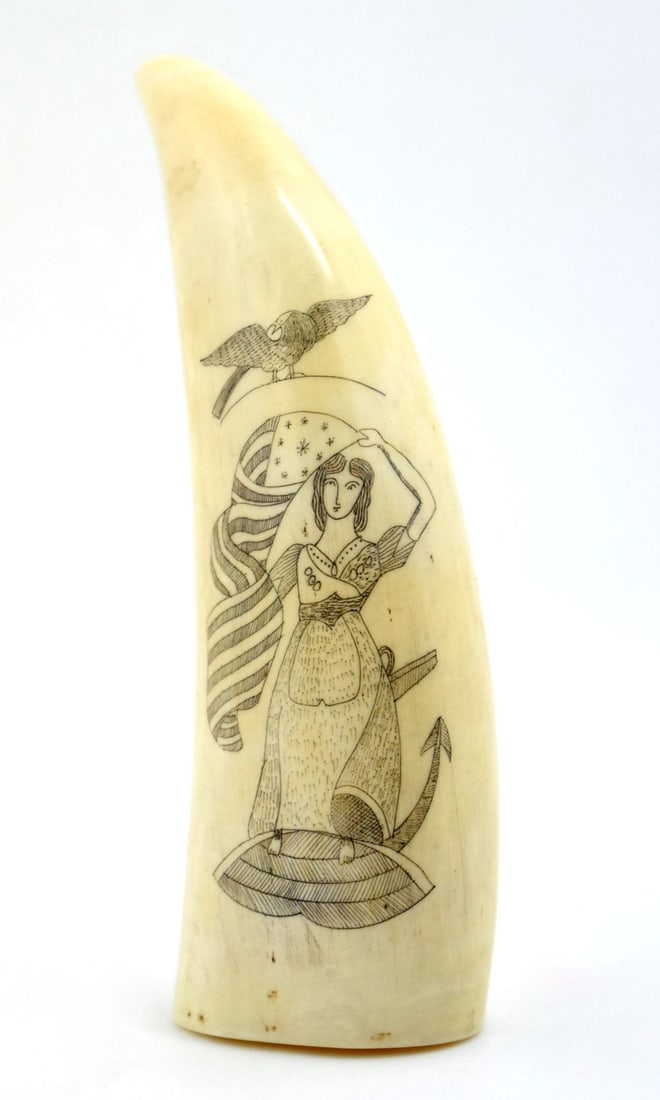 Lady Liberty With Eagle Patriotic Scrimshaw On Whale Tooth: Antique scrimshaw Sperm whale tooth with Lady Liberty, an Eagle.Tooth from an old whale judging from the rounded tip and rich patina. Size: 4 7/8". Detailed condition reports are not included in this 
