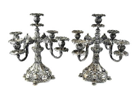 Pair Reed & Barton Renaissance Silver Candelabras: Pair plated 5-Light Candelabras Renaissance (Silverplate, Hollowware) by Reed & Barton.Mid 20th century large four arm, five light candelabras, elaborate openwork scroll decoration, bun feet, marks fo