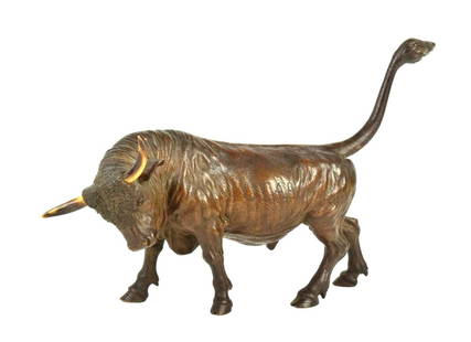 LARGE ANTIQUE AUSTRIAN VIENNA BRONZE BULL: Very fine antique cold painted Austrian/Vienna bronze bull. Marked on the bottom. Great details and high quality piece of European school art. Bergman quality. Heavy. Size: 10 1/2" x 7 3/8". Detailed