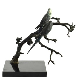 Two Parakeet Birds on Branch Austrian Vienna Bronze Parakeets Lovebird
