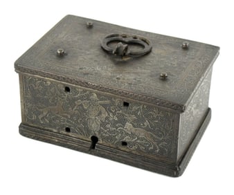Rare Small Early 17th Century Engraved Iron Strong Box