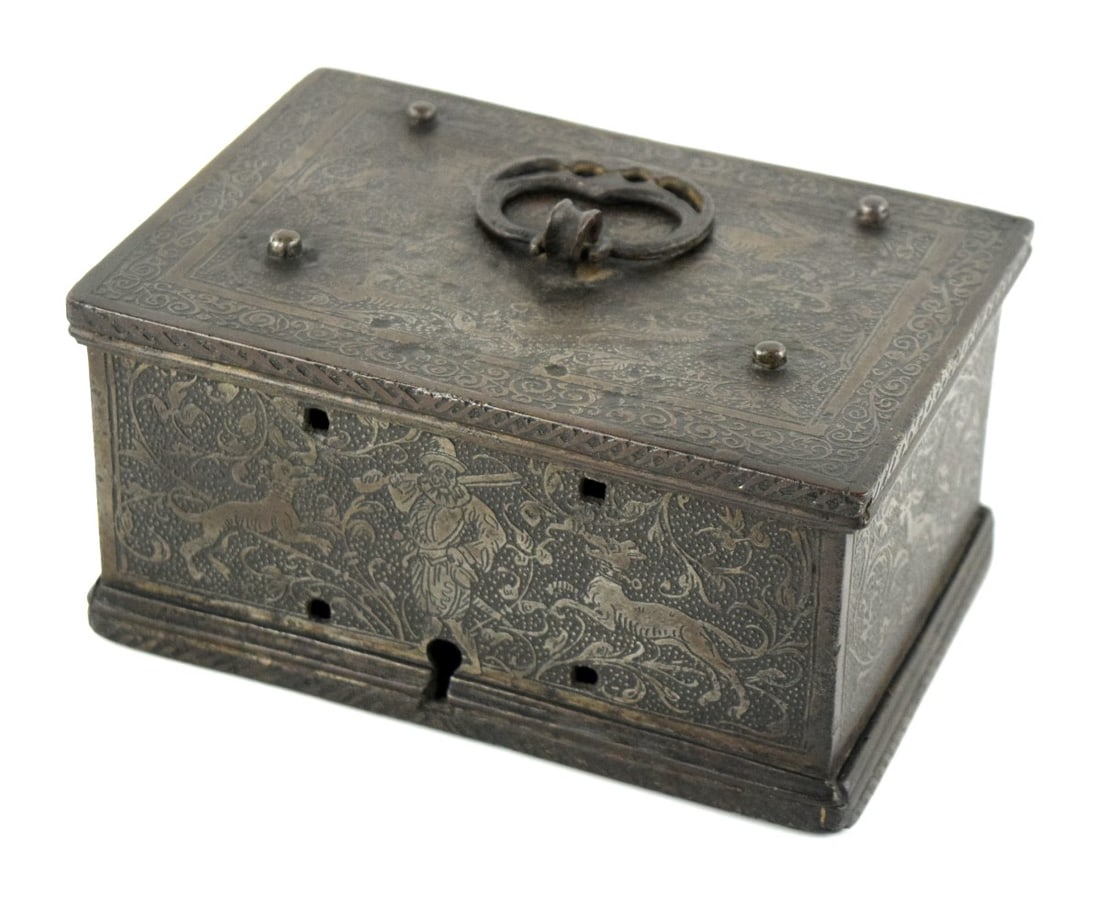 Rare Small Early 17th Century Engraved Iron Strong Box (1 of 9)