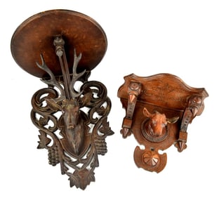 Pair Antique Wall Shelves Deer And Cow Heads Black Forest