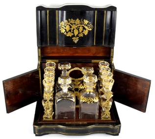 19th C. French Napoleon III Style Ebonized Tantalus Liquor Cabinet