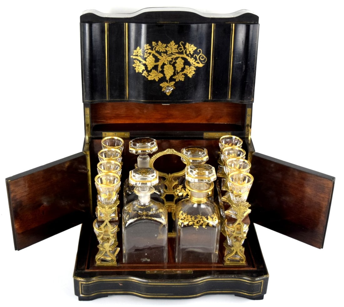 19th C. French Napoleon III Style Ebonized Tantalus Liquor Cabinet (1 of 11)