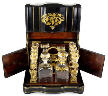 19th C. French Napoleon III Style Ebonized Tantalus Liquor Cabinet: 19th C. French Napoleon III Style Ebonized Tantalus Liquor Cabinet Having Intricate Gold Inlaid Top and Front, Brass String Inlay Along Front and Top, Interior Reveals Lift Out Tray Compartment Housin
