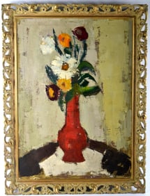 1962 Oil On Canvas Red Vase By Gino Bigiarini