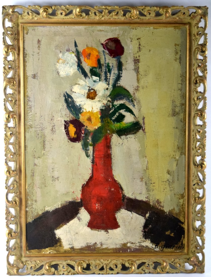 1962 Oil On Canvas Red Vase By Gino Bigiarini: Very fine Mid Century Modern 1962 oil on canvas "Red Vase" by listed Italian artist Gino Bigiarini ( b.1927). Signed lower right. Framed. Size: Framed: 32" x 24"; Unframed: 27 1/4" x 19 1/4". Provenan