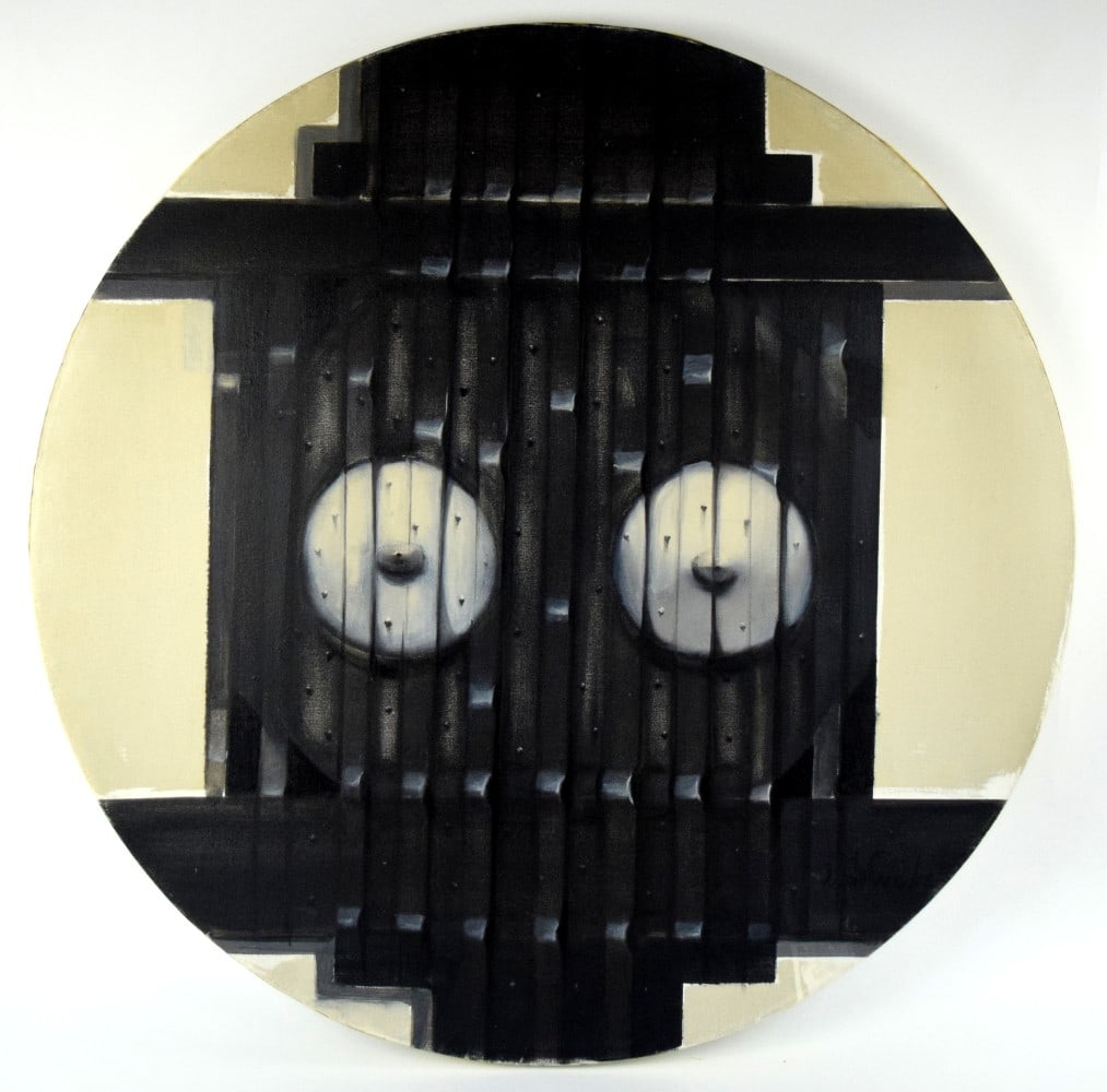 American Cuban Agustin Fernandez Untitled Rondelle Oil On Canvas Painting: American/Cuban Agustin Fernandez ( 1928-2006) "Untitled Rondelle" oil on canvas painting. Size: 30 1/4" Diameter. Agustin Fernandez is known for Circular abstract object and figurative painting, drawi