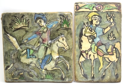 Pair Antique Persian Iznik Qajar Ceramic Pottery Tiles