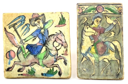 Pair Antique Persian Iznik Qajar Ceramic Pottery Tiles