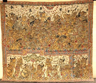 Antique 19th C. Kamasan Balinese Bali Indonesian Painting on Cotton of Intense Religious Battle