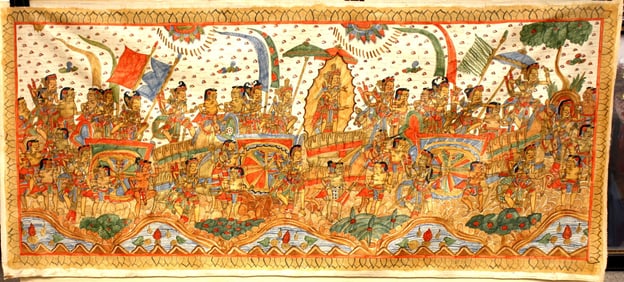 Beautiful Large Kamasan Balinese Bali Indonesian Painting on Cotton of Intense Religious Battle