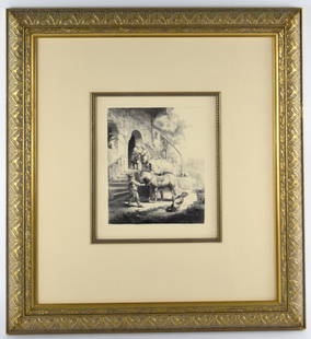 Rembrandt Van Rijn (Dutch, 1606 - 1669) The Good Samaritan Etching: Rembrandt etching, dry point and burin titled "The Good Samaritan". Framed. Probably period etching. Provenance: Denver, Colorado private art collector estate. Size: Framed: 26 1/2" x 24 1/2"; Unframe