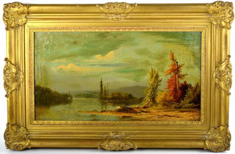 American School Antique Landscape Oil On Canvas Painting: Very detailed American school oil on canvas landscape with a body of water and trees painting. Amazing gold gesso period frame. No signature observed (probably under the frame). Provenance: private ar