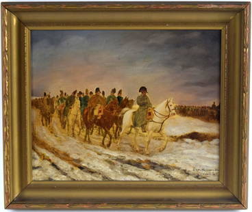 After Jean-Louis-Ernest Meissonier Oil On Canvas Painting Campaign Of France: Antique oil on canvas Campaign of France painting after Jean-Louis- Ernest Meissonier (1815-1891). CAMPAGNE DE FRANCE (NAPOLEON AND HIS STAFF RETURNING FROM SOISSONS AFTER THE BATTLE OF LAON - 1864)Si