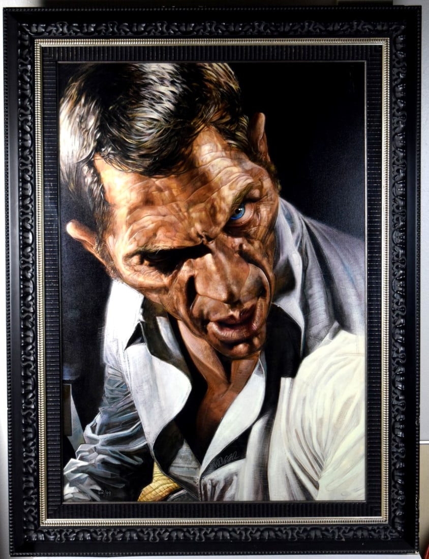 STEVE MCQUEEN LIMITED GICLEE PRINT ON CANVAS BY SEBASTIAN KRUGER: A print of Sebastian Kruger's "Steve Mcqueen" giclee on canvas. Signed by the artist and numbered 62/99.Sebastian Kruger German artist and illustrator: Sebastian Kruger's goal is to reach inside of hi