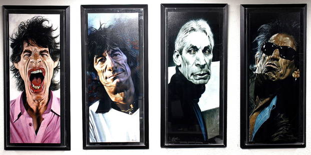 Rolling Stones By Sebastian Kruger Limited Edition Giclee on Canvas Quadtych: Sebastian Kruger (1963-) artist limited edition printers proof PP 14/25 four giclee prints on canvas of The Rolling Stones. Signed and numbered by artist. Each print is professionally framed in lucite