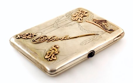 Russian Imperial Sterling Silver and Gold Inlay Cigarette Case ~ 84 and Makers Mark