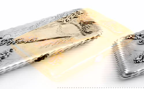 Russian Imperial Sterling Silver and Gold Inlay Cigarette Case ~ 84 and Makers Mark: Russian Imperial Sterling Silver and Gold Inlay Cigarette Case. 84 and Makers Marks Size: 4 1/2" x 3 1/8", Weight: 188 gr. (6.7 oz). Detailed condition reports are not included in this catalog. For ad
