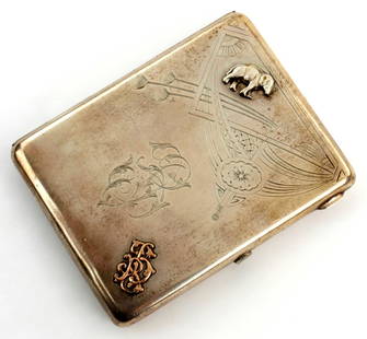 Russian Imperial Sterling Silver and Gold Inlay Cigarette Case ~ 84 and Makers Mark: Russian Imperial Sterling Silver and Gold Inlay Cigarette Case. Stamped 84 and Makers Marked Size: 4 9/16" x 3 1/2", Weight: 204 gr. (7.2 oz). Detailed condition reports are not included in this catal