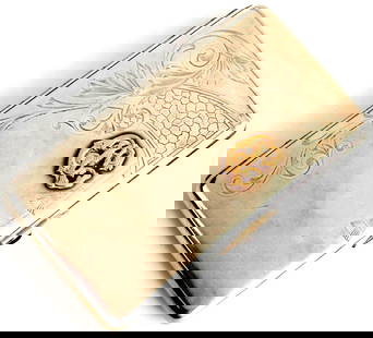 Russian Imperial Sterling Silver and Gold Inlay Cigarette Case ~ 84 and Makers Mark: Russian Imperial Sterling Silver and Gold Inlay Cigarette Case. Stamped 84 and Makers Mark Size: 4 7/8" x 2 5/8", Weight: 154 gr. (5.4 oz). Detailed condition reports are not included in this catalog.