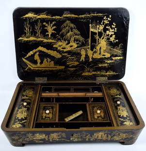 Unusual Extra Large 19th Century Chinese Sewing Lacquered Gilt Box: Unusual extra large 19th-century Qing Chinese Sewing Box. Hailing from the late 1800s, this exquisite lacquered and gilded wooden box is adorned with captivating genre scenes, capturing the essence of