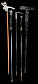 Lot of 4 Vintage Sword / Dagger Walking Canes + 1 Rare Tribal Carved Wood Fighting Club Cane.