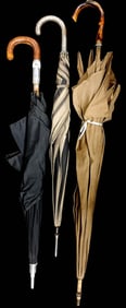 Lot of 3 Antique Umbrella Walking Cane Canes, One with Strong Collapsible Stool Chair Seat Gadget.