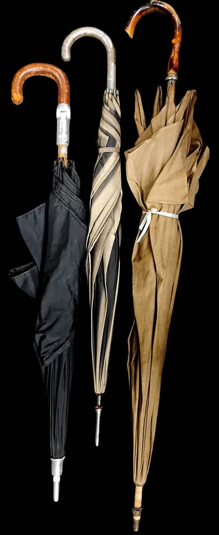 Lot of 3 Antique Umbrella Walking Cane Canes, One with Strong Collapsible Stool Chair Seat Gadget. (1 of 9)