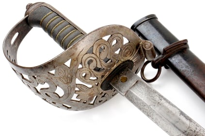Antique 19th C. English British Officer's Sword with Etched Blade & Ornate Guard, Royal Cipher &