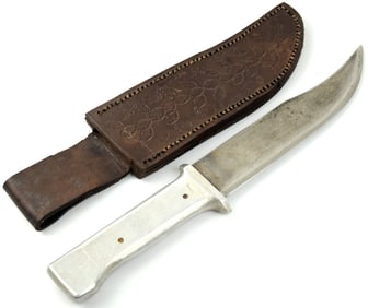 Australian WW II Theater Made Fighting Knife with Aluminum Handle & Leather Sheath.